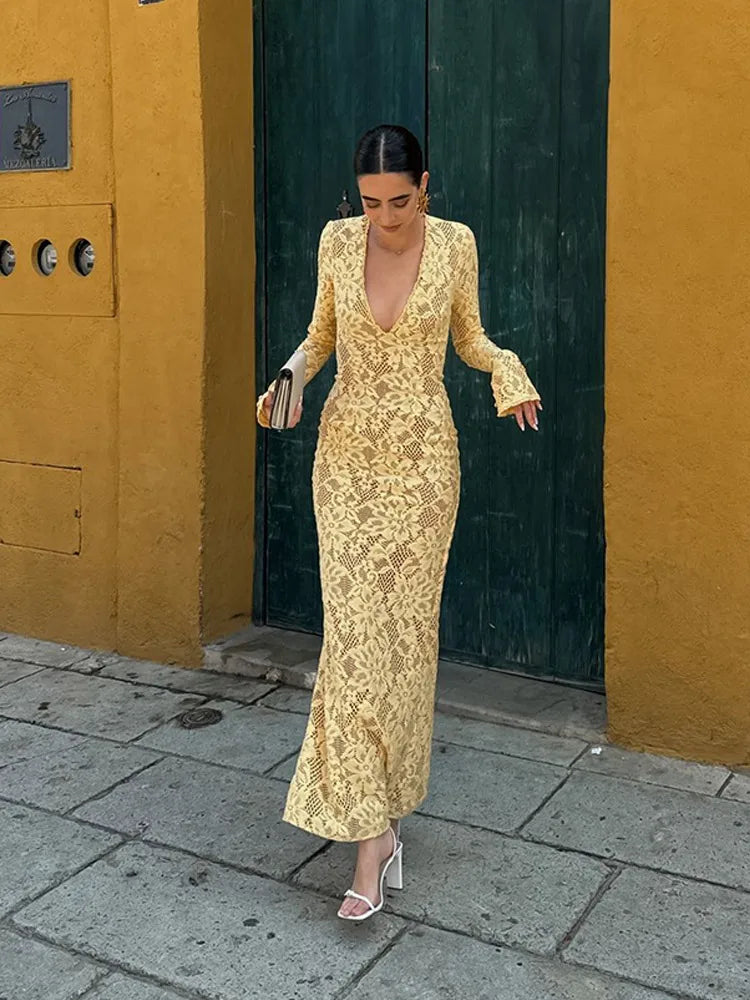 Aiertu  -  Sexy Yellow Deep-v Neck Long Dress Women Chic Long Sleeve Skinny Mermaid Dresses 2026 Autumn New Ladies Party Club Evening Robes Aiertu