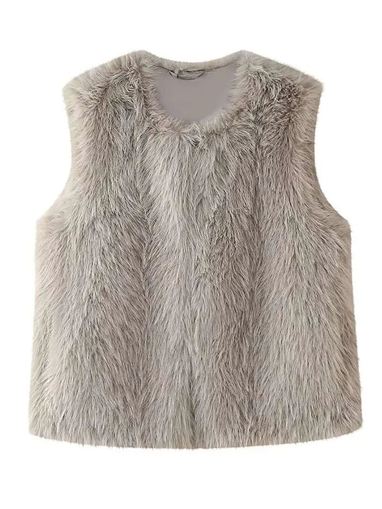 Aiertu  -  layered look inspo Faux Fur Plush Vest Women Casual Round Neck Loose Fashion Sleeveless Coats Female Autumn Winter Solid Outwears Lady Aiertu