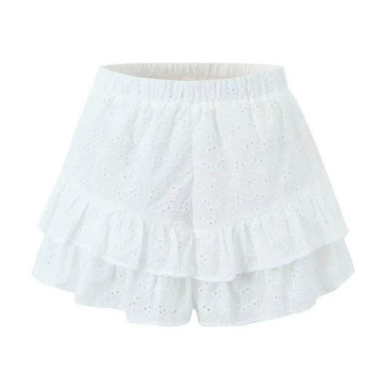 Aiertu  -  White Eyelet Cotton Dress Women Long Sleeve Buttons down Elastic Waist Ruffled Summer Dress Chic Girl Mini Dress Holiday Dresses Aiertu