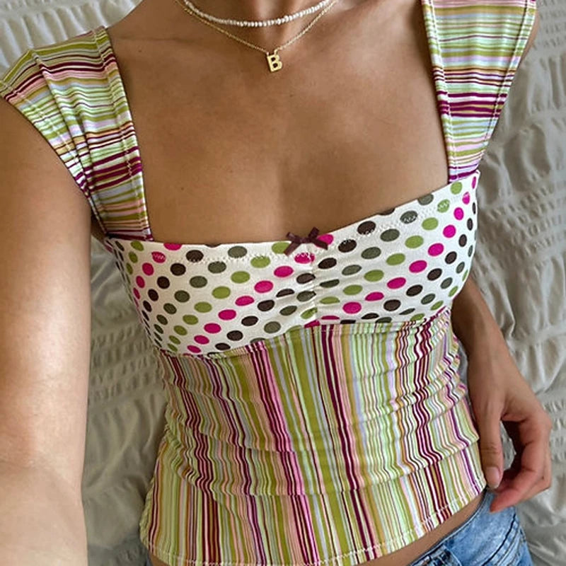 Aiertu  Plaid/Stripes Print Square Neck Tank Tops Cottage Y2K Aesthetic Bow Trim Milkmaid Crop Top Women Backless Slim Fit Shirts Vest Aiertu