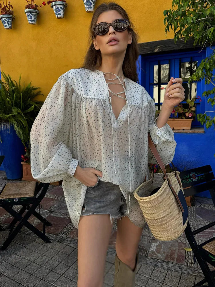 Aiertu  -  V-neck Lantern Sleeve Sexy Print Shirt For Women Elegant Long Sleeve Lace-up Fashion Slim Patchwork Casual 2025 Blouse Aiertu