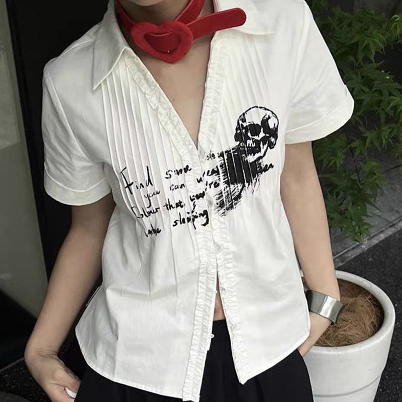 Aiertu Y2K Skull Print Shirts Women Harajuku Folds V Neck White Blouses Summer Vintage Streetwear Letter Short Sleeve Casual Tops Aiertu