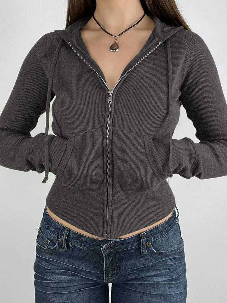 Aiertu - summer inspo Hot Gray Slim Zip Up Jackets Hoodies For Women Pockets Long Sleeve Ribbed Solid Simple Basic Casual Preppy Sweatshirts Aiertu