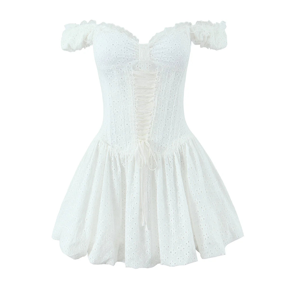Aiertu  -  Sweet Girl Sexy Off Shoulder White Dress Summer Women Hollow Out Embroidery Party Mini Dresses Fit And Flare Birthday Robe Aiertu