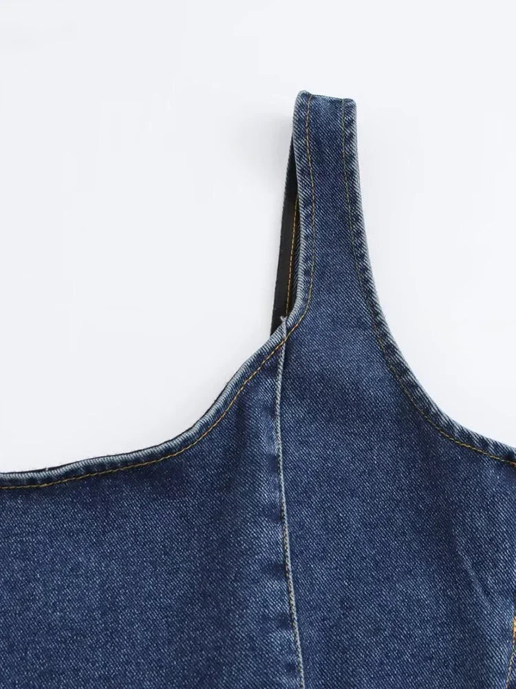 Aiertu  -  Women Fashion Denim Blue Side Zipper Backless Midi Dress Vintage Straps Square Collar Female Chic Lady Dresses Aiertu