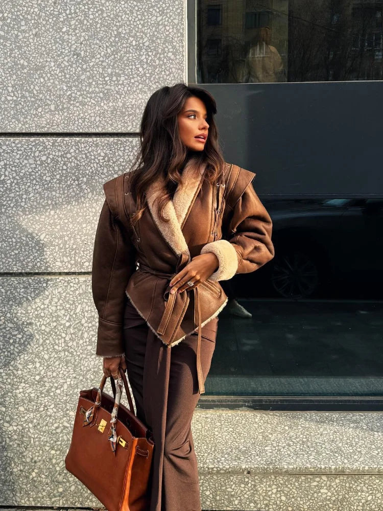 Aiertu  -  Fashion Warm Furry Leather Woman Jacket With Belt Chic Lapel Long Sleeve Motorcycle Coat Lady 2026 Winter High Street Outerwear Aiertu