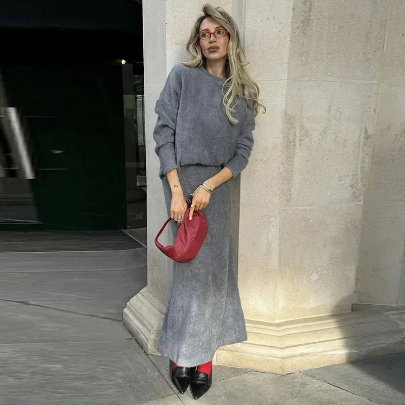 Aiertu     -  Fall Outfits 2026 Cozy Knit Pullovers Skirt Set Women Solid O-neck Full Sleeve Sweater High Waist Long Skirt 2026 Autumn Winter New Lady Knitwear Aiertu