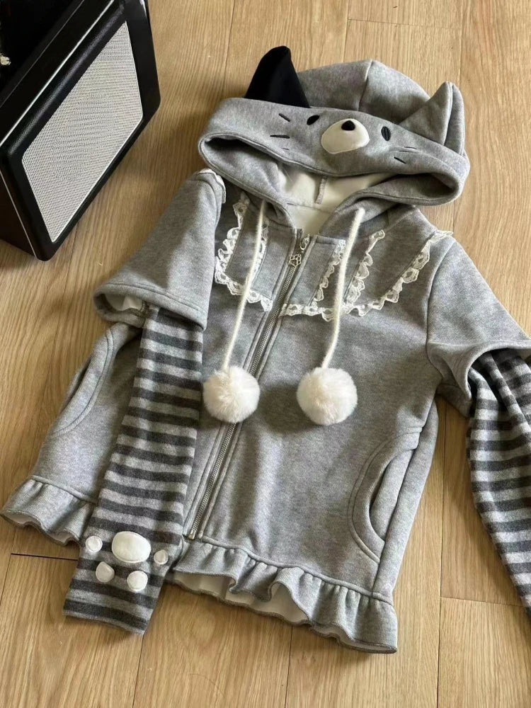 Aiertu  -  Harajuku Stripe Hoodies Women Kawaii Tops Cat Ear Hooded Jacker Grunge Streetwear Lace Patch Y2k Aesthetic Zipper Sweatshirt Aiertu