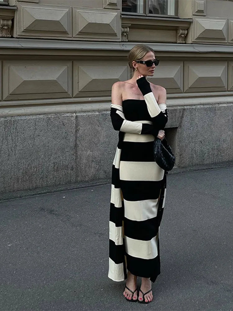 Aiertu  -  Knitted Striped Tube Tops Long Dress Long Jacket Women Set Backless Robe Long Sleeved Single Breasted Jacket Spring Summer Suit Aiertu