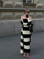 Aiertu  -  Knitted Striped Tube Tops Long Dress Long Jacket Women Set Backless Robe Long Sleeved Single Breasted Jacket Spring Summer Suit Aiertu