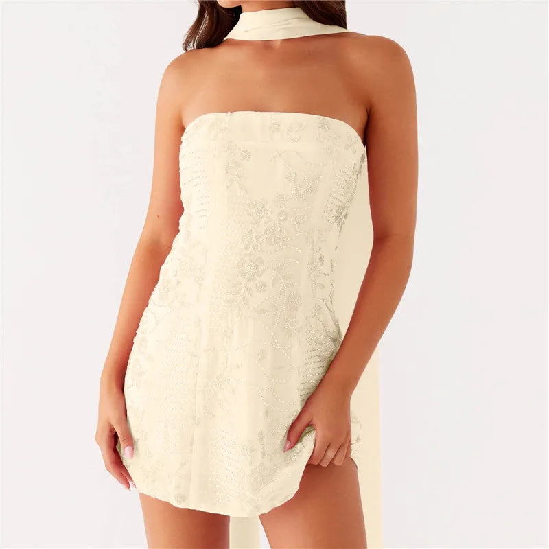 Aiertu  -  Women Sequin Strapless Mini Dress with Scarf Y2K Rhinestone Sleeveless Off Shoulder Dress Sexy Backless Club Party Dress Aiertu