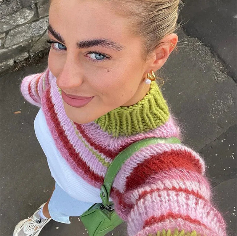 Aiertu     -  Fall Outfits 2026 Color Striped Cropped Sweater Women Spring Autumn O Neck Long Sleeve Jumper Tops 2026 New Streetwear Fashion Knitted Cover-ups Aiertu