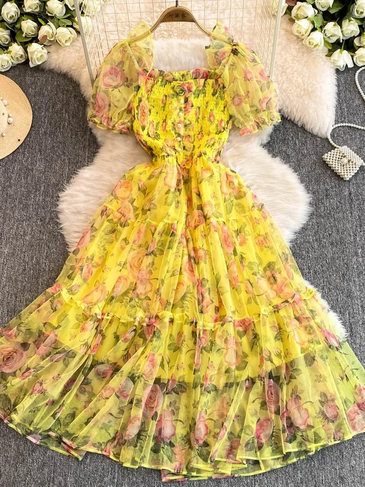Aiertu Summer Women Floral Mesh Midi Dress Sweet Square Collar Short Puff Sleeve Ruffle Vestidos Female Elegant Purple/Green/Red Robe Aiertu