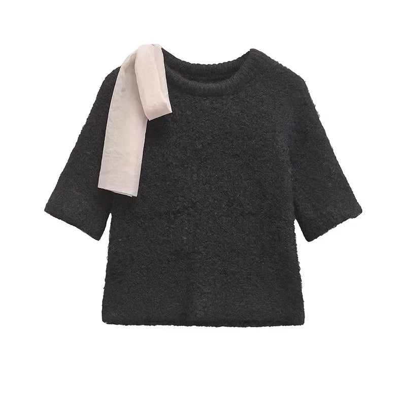 Aiertu  -  casual winter outfits Bow Patchwork Knitted Pullover Women Half Sleeve O-neck Female Sweater 2024 Autumn Winter Fashion Elegant Black Lady Knitwear Aiertu