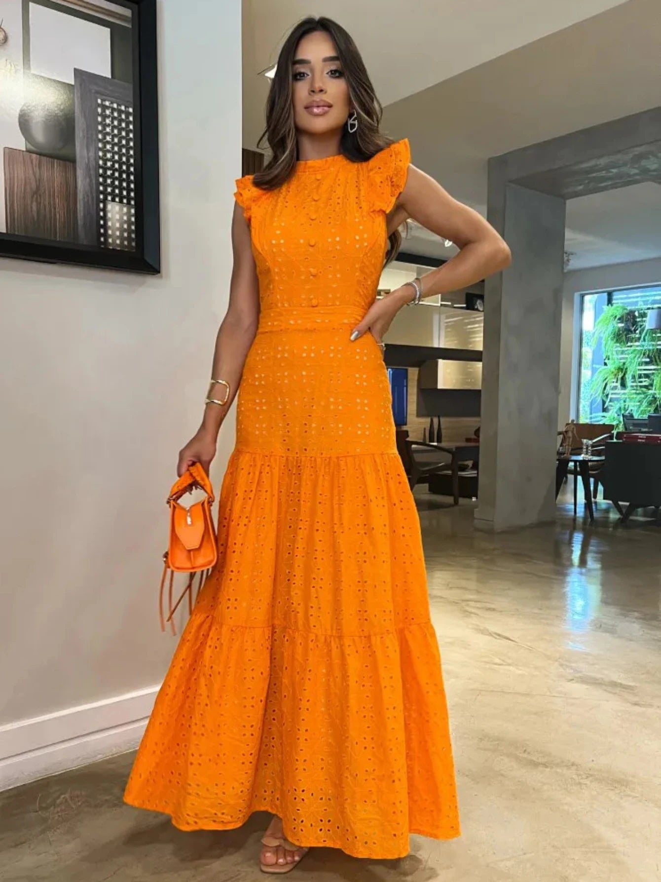 Aiertu  Bohemian Solid Hollow Out Elegant Women Dress O Neck Flying Sleeve Button Long Dress Summer Chic Casual Beach Women Clothing Aiertu
