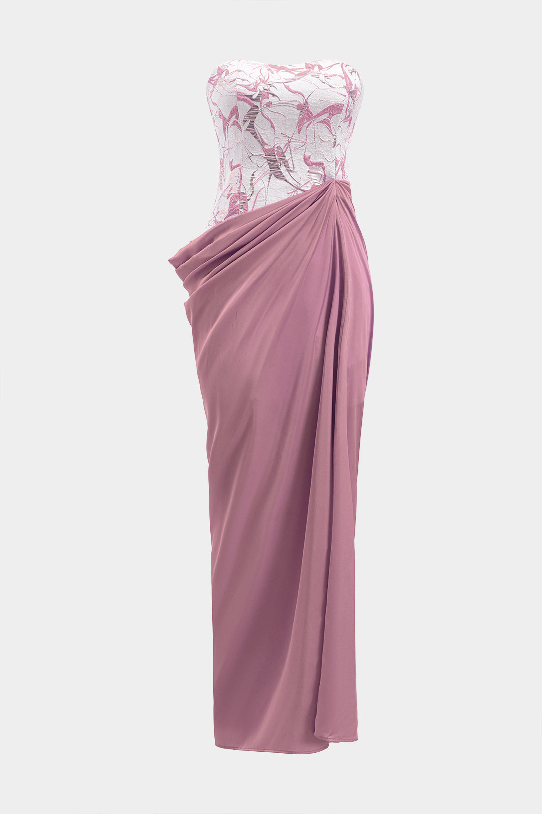 Aiertu  -  Satin Jacquard Patchwork Ruched Strapless Sleeveless Maxi Dress Aiertu