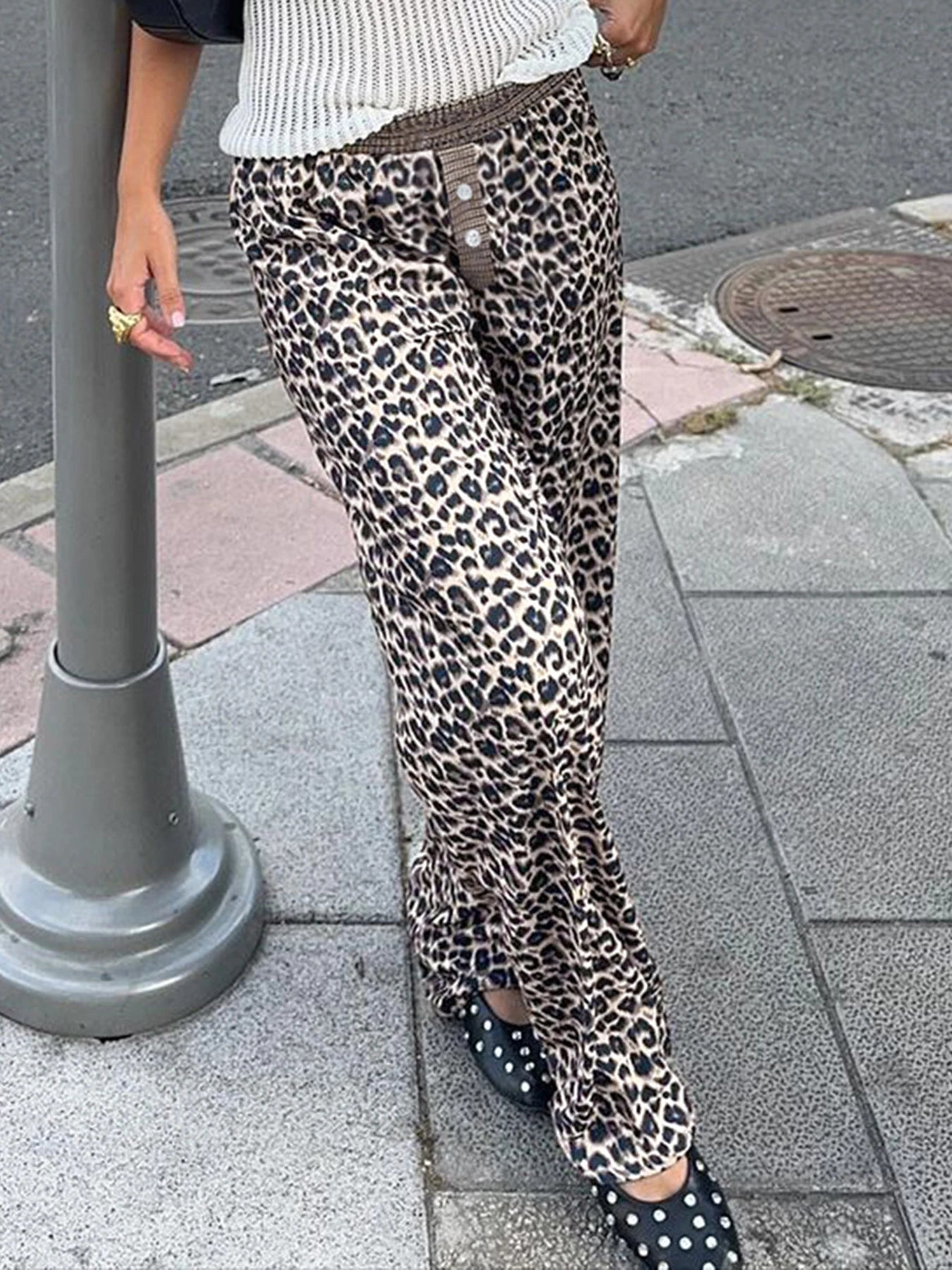 Aiertu  Leopard Print Patchwork Straight Pants Elastic Waist Fashion Harajuku Trousers Aesthetic 2000s Casual Baggy Bottom Aiertu