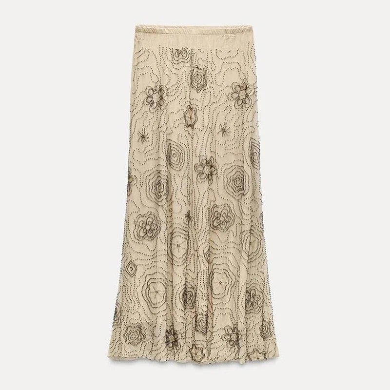 Aiertu  -  Summer Floral Beading Long Skirta Sets Women Sequin Embroidery Backless Scarf Halter Tube Vest A-line Skirts Beach 2 Pieces Sets Aiertu