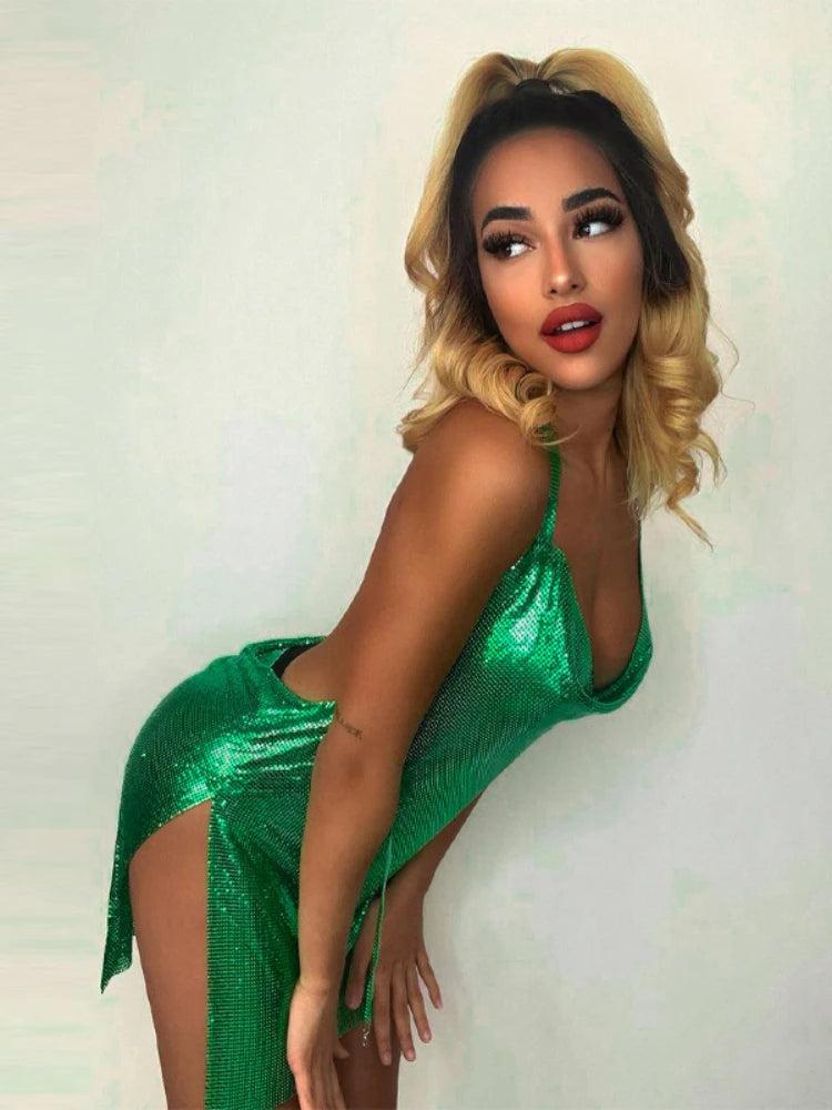 Aiertu Sexy and Fashionable Women's Elegant Short Dress with Hanging Neck Backless Bottom Chest Sequin Party Girl Dance Dress Aiertu