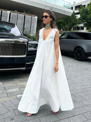 Aiertu  -  Sleeveless Summer Cotton Lined Long Dress Women Elegant V-neck Pleated Solid Loose Dresses Holiday Casual Evening Lady Vestidos Aiertu