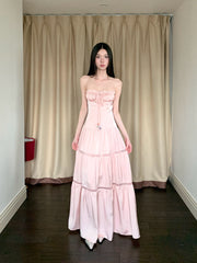 Aiertu  Shirred Lace-Up Tube Top Suspender Dress for Women Hollow Splicing Long Skirt Pink Island Resort Style Satin 1688