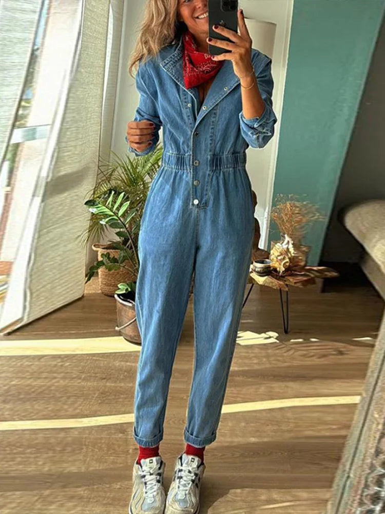 Aiertu  -  Women Slim Denim Jumpsuits Long Pants Rompers Springturn Down Collar Loose One Piece Full Sleeve Tight High Waist Overalls Aiertu