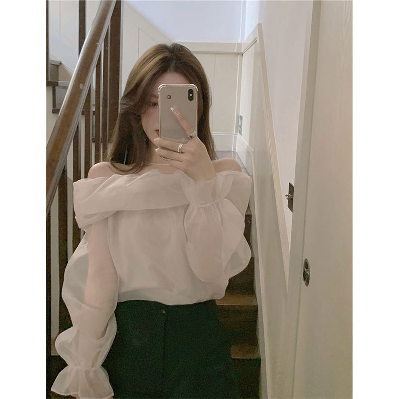 Aiertu Slash Neck Shirts Women Sweet Mesh Off Shoulder Blouses Office Lady Korean Fairy Elegant Puff Long Sleeve Slim Chic Tops Aiertu