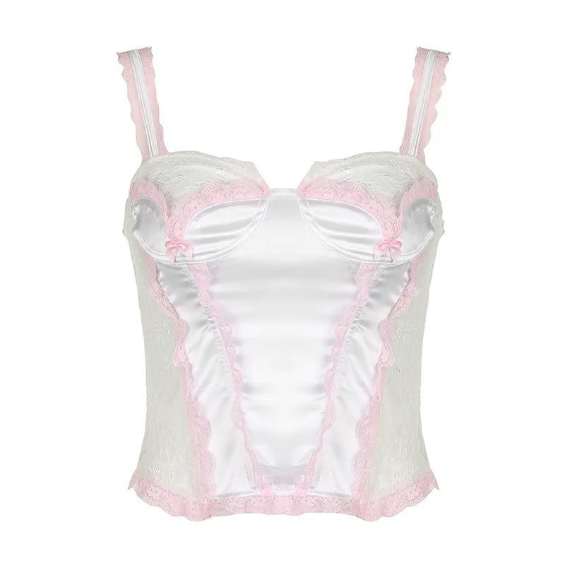 Aiertu  -  Y2K Fashion Chic Satin Summer Tank Top Women Sweet Bow Lace Patchwork Vest Sexy Coquette Clothes Corset Tops Camisole Aiertu