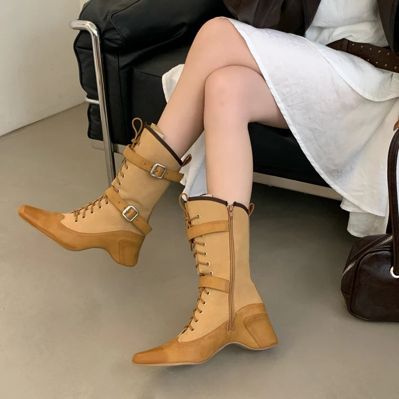 Aiertu    -  Yellow Cowboy Boots Women Lace Up Belt Buckle Block Heels Mid-calf Western Boots Autumn Vintage Designer Shoes Black Botas Mujer Aiertu