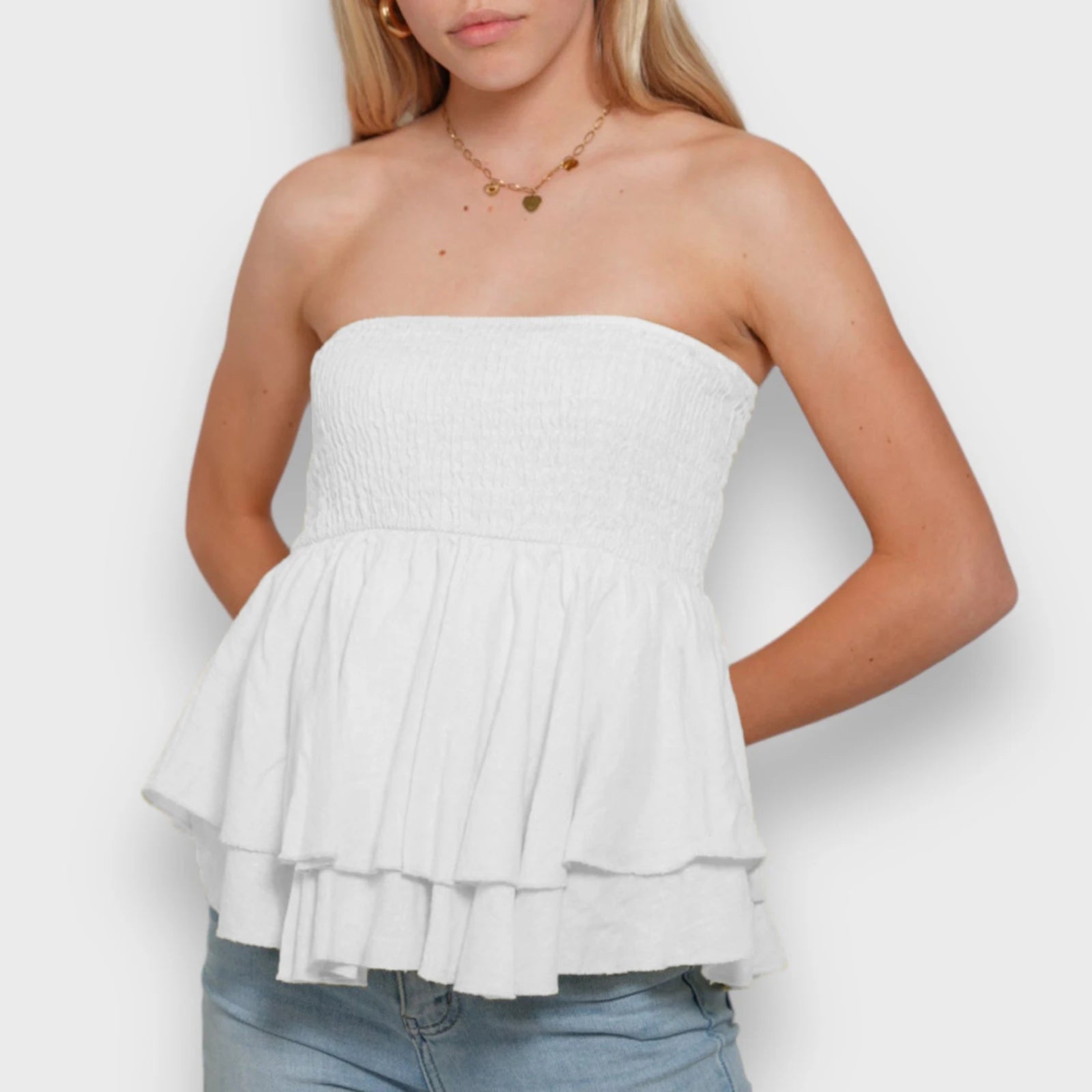 Aiertu  Summer Shirred Tube Tops for Women Off Shoulder Backless Sleeveless Layered Ruffle Vest for Party Club Aiertu