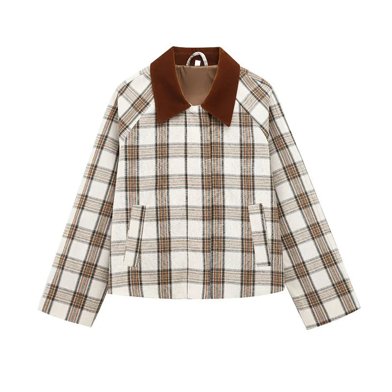 Aiertu  -  Patchwork Plaid Cape Style Jacket Coat Lapel Vintage Pocket Short Overcoat Loose Casual Fashion Temperament Women Outwear Spring Aiertu