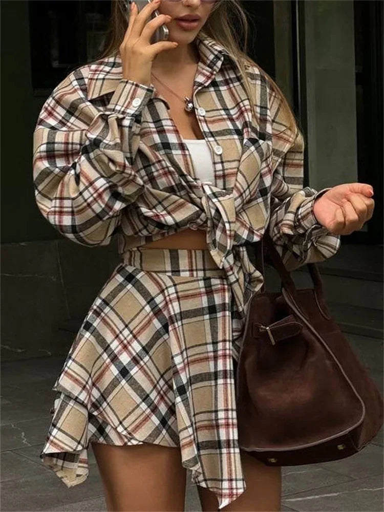 Aiertu  -  Vintage Contrast 2 Piece-Set Skirt For Women Long Sleeve Slim Patchwork Coat And High Waist Skirt Outfits Ladies Clothes Aiertu