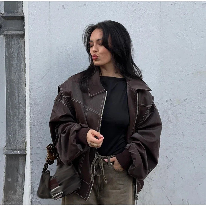 Aiertu  -  Loose Patchwork Leather Jackets Women Fashion Lapel Zipper Pockets Long Sleeve Coats 2026 Autumn New Female Chic Tops Streetwear Aiertu