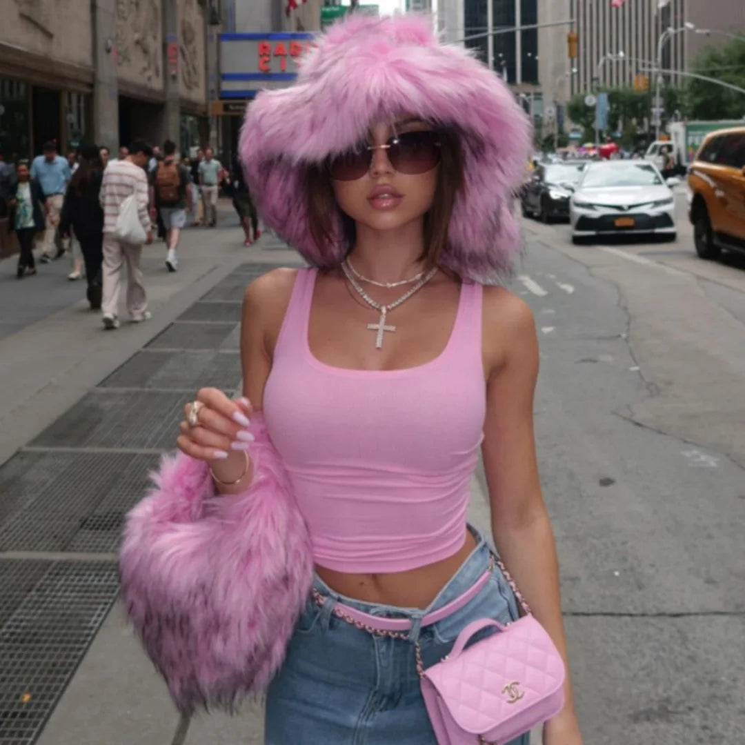 Aiertu  -  Luxury Fluffy Women Faux Fur Bucket Hats Oversized 17cm Wide Brim Thicken Outdoor Warm Plush Punk Hat Girl Y2k Female Ski Panama Aiertu