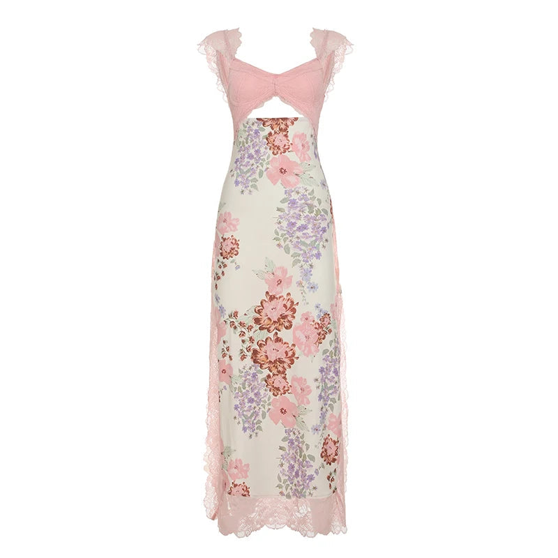 Aiertu  Flower Print Lace Trim Cut Out Camisole Dresses Sleeveless Spliced Skinny Side Split Sexy Elegant Frocks Aiertu