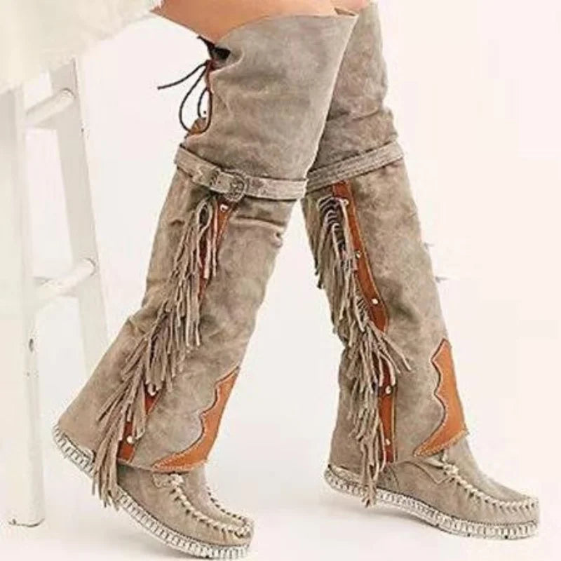 Aiertu    -  Fashion Bohemia Knee-length Women Boots Ethnic Personality High Boots Tassels Faux Suede Boots Girl Flat Bottom Long Botas Mujer Aiertu