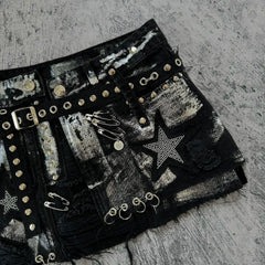 Aiertu  -  Y2K Streetwear Retro Skirt Gothic Hip Hop Patchwork Rhinestone Sequins Loose Washed Denim Short Group High Waist Slim Mini Skirt Aiertu