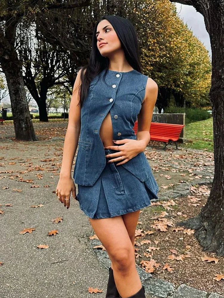 Aiertu  -  2025 Spring New Denim Mini Pleated Skirt Sets For Women Single Breasted Tank Tops Y2K Short Skirt 2 Pieces Sets Lady Chic Outfit Aiertu