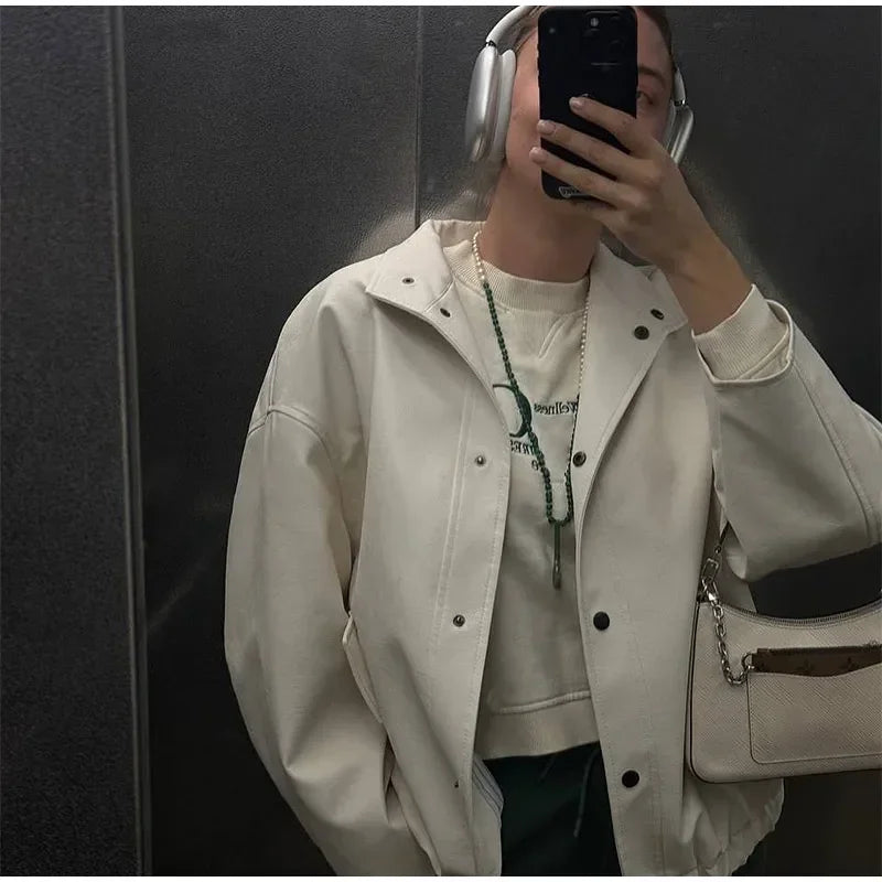 Aiertu  -  Street Women's White Leather Jacket Casual Stand Collar Single Breasted Long Sleeve Female Coat Autumn Lady Elegant Outwear Aiertu