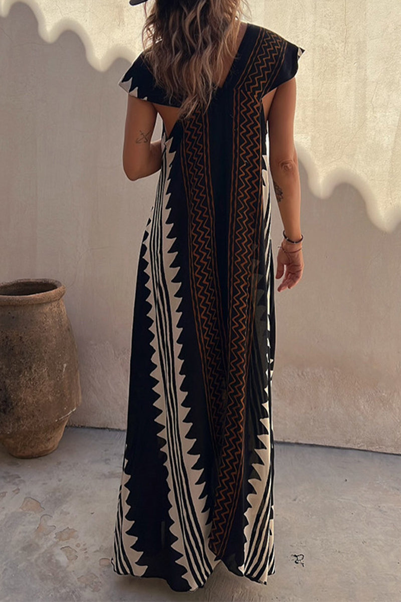 Aiertu  -  Casual College Geometric Print Fold V Neck A Line Dresses Aiertu