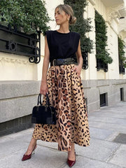 Aiertu  -  Leopard Print Elegant Big Swing Midi Skirt Women Fashion Streetwear A-line Skirt High Waist Vintage Vacation Skirt Aiertu