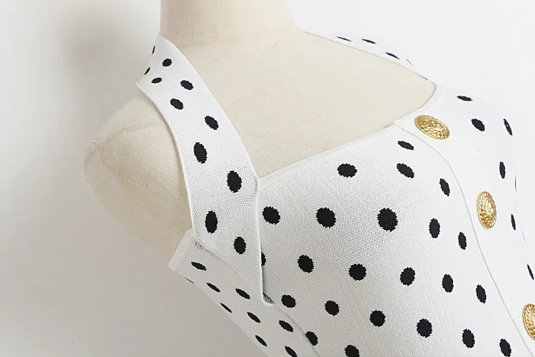 Aiertu  -  Polka Dots Knitted Halter Mini Dress Women Single Breasted Sleeveless A-line Party Vestidos Vintage Fashion Elegant Dresses New Aiertu