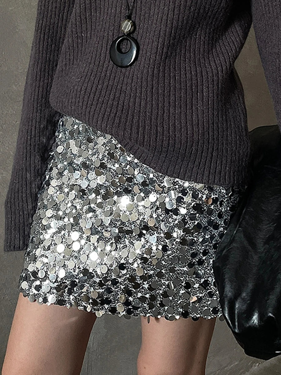 Aiertu  Sequied Sexy Silver Mini Skirts For Women 2025 New High Waist Slim Zipper A-line Party Skirt Simple Fashion Elegant Short Faldas Aiertu