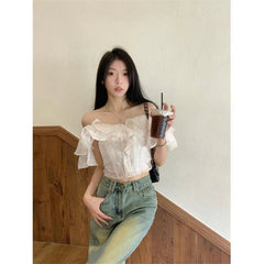 Aiertu Cropped Slash Neck Shirts Women Fashion Black Sexy Off Shoulder Blouses Summer Korean Office Ladies Elegant Slim Crop Tops Aiertu