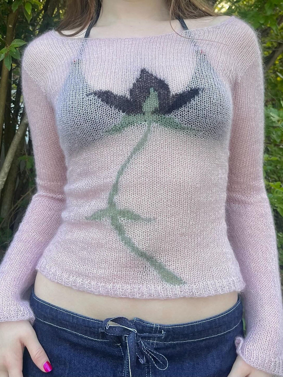 Aiertu  -  Vintage Y2K Knitted Sweater Flower Aesthetics Graphic Print Pullover Tops Long Sleeve Slim 2000s Harajuku Sweater Top Streetwear Aiertu