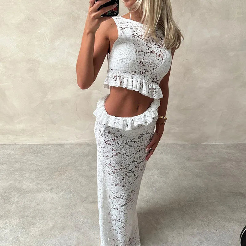 Aiertu  -  Women Sexy Hottie Sleeveless Party Dress 2026 Elegant Lace Fringe Ruffle Slim Dress Fashion O-Neck Hollow Out Solid Long Dresses Aiertu