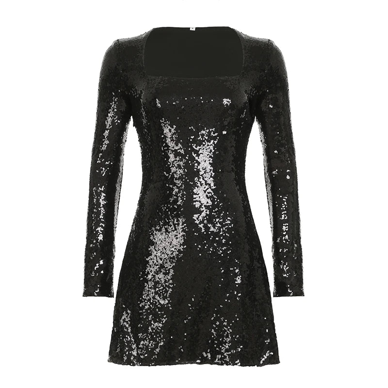 Aiertu  -  Sequin Black Square Collar Short Dress Women Party Style Elegant Long Sleeve Mini Dresses Sexy Clubwear Outfits Lady Aiertu