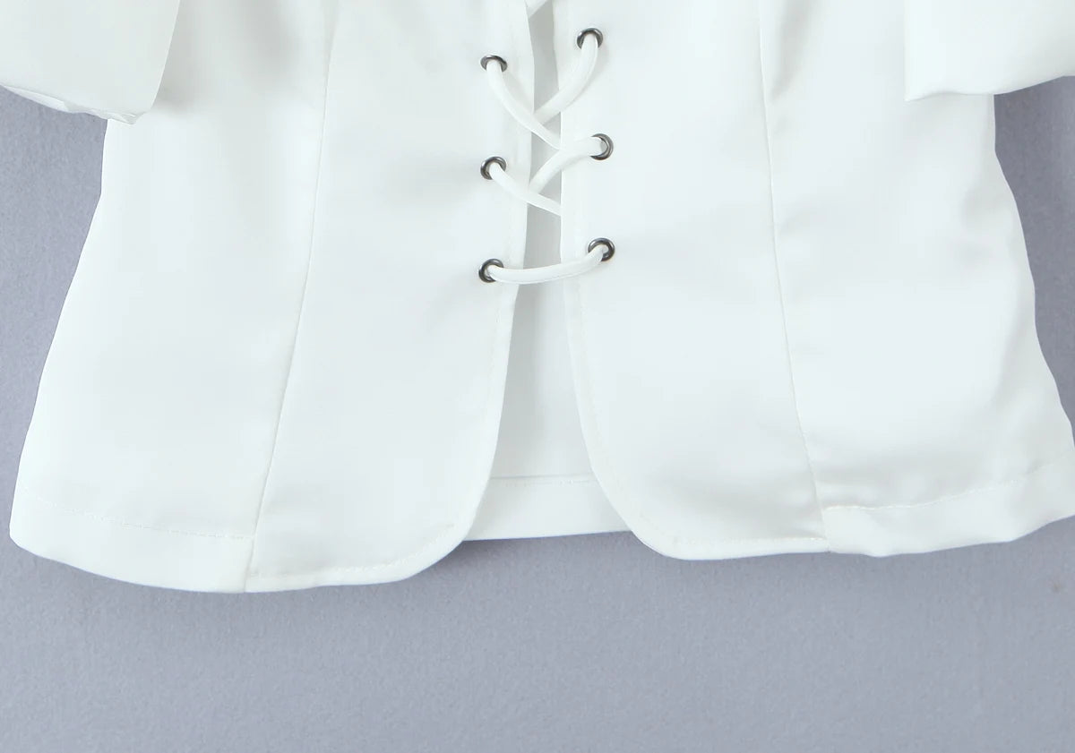 Aiertu  -  Summer eyelets Cross Lacing Up Bow Front Short Lantern Sleeve Shirt + Low Waist Package Hips Ruffles Hem Mini Skirt Sets Aiertu