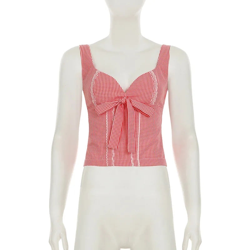 Aiertu  -  Girl Sweet Bow Splicing Plaid Contrast Color Lace Splicing Low Neck Sleeveless Small Vest New Aiertu