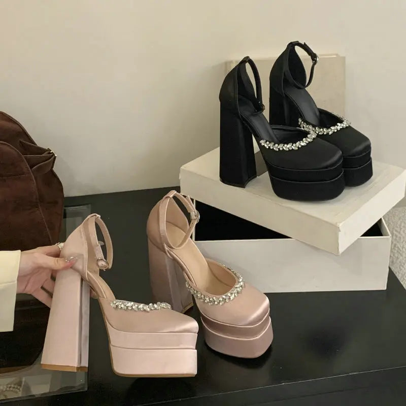 Aiertu  -  Women'S Summer Fashion Waterproof Platform Sandals Square Hollow Thick Heel Bao Head High Satin High Heels Catwalk Pumps Aiertu